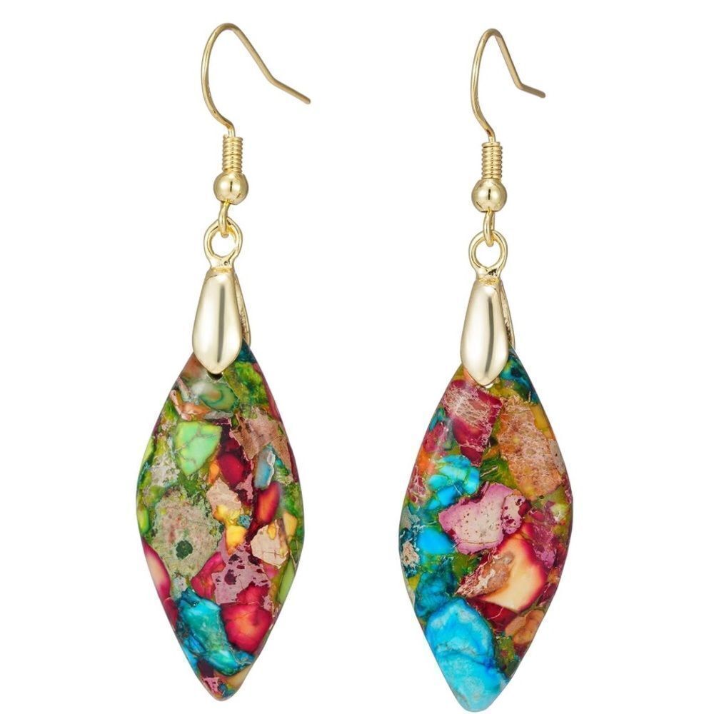 18K Yellow Gold with Natural Imperial Colorful Jasper Stone Drop Hook Earrings